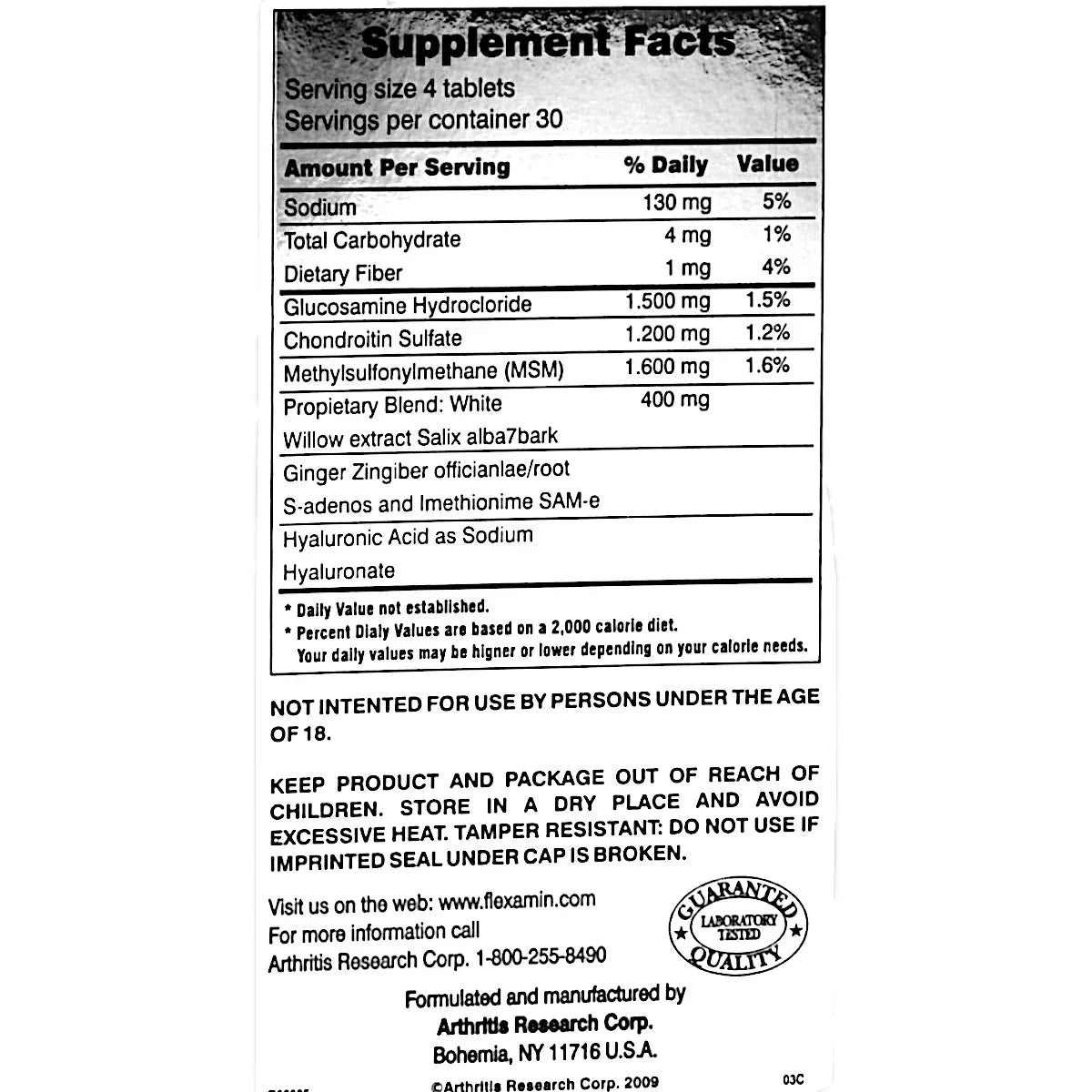 Etiqueta nutricional de suplemento flexamin con glucosamina, condroitina, MSM y extractos naturales para salud articular.