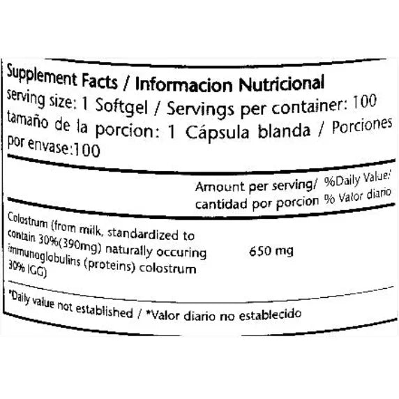Etiqueta con información nutricional de suplemento de colostro en cápsulas blandas, 650 mg por porción