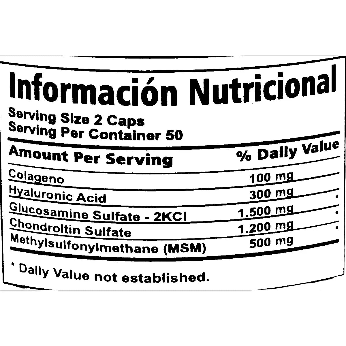 Etiqueta de información nutricional de suplemento con colágeno, ácido hialurónico y sulfatos