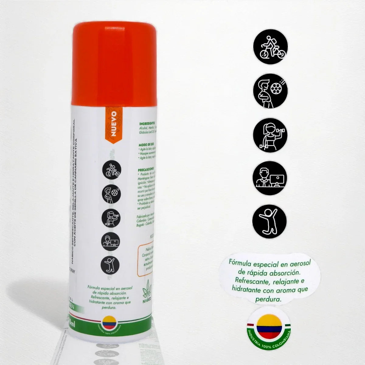 Aerosol corporal con fórmula especial para rápida absorción y uso refrescante, relajante e hidratante, con símbolos de actividades físicas y bandera de Colombia.