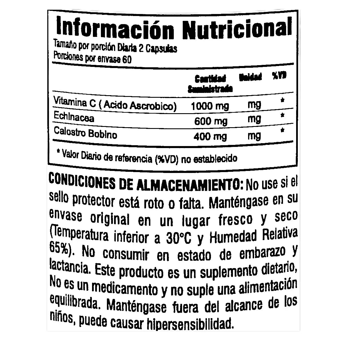 Etiqueta de información nutricional de suplemento con vitamina C, equinacea y calostro bovino