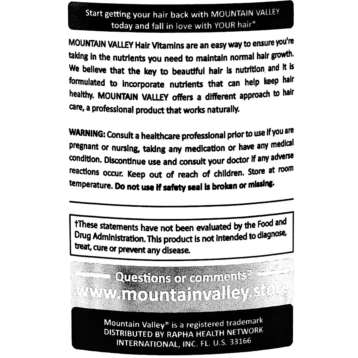 Etiqueta de vitaminas para el cabello Mountain Valley con advertencias y sitio web de contacto