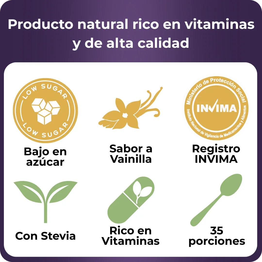 Información de producto natural bajo en azúcar, con sabor a vainilla, registro INVIMA, con stevia y rico en vitaminas