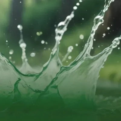 Salpicadura intensa de agua clara con fondo verde borroso, imagen conceptual de líquidos