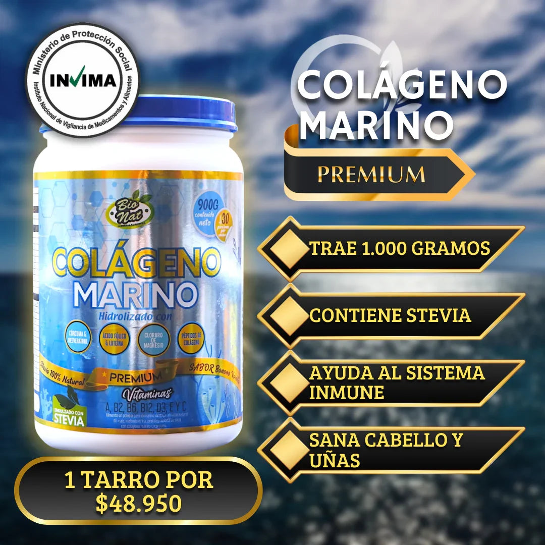 Envase de colágeno marino premium Bio Nat con beneficios para sistema inmune, cabello y uñas