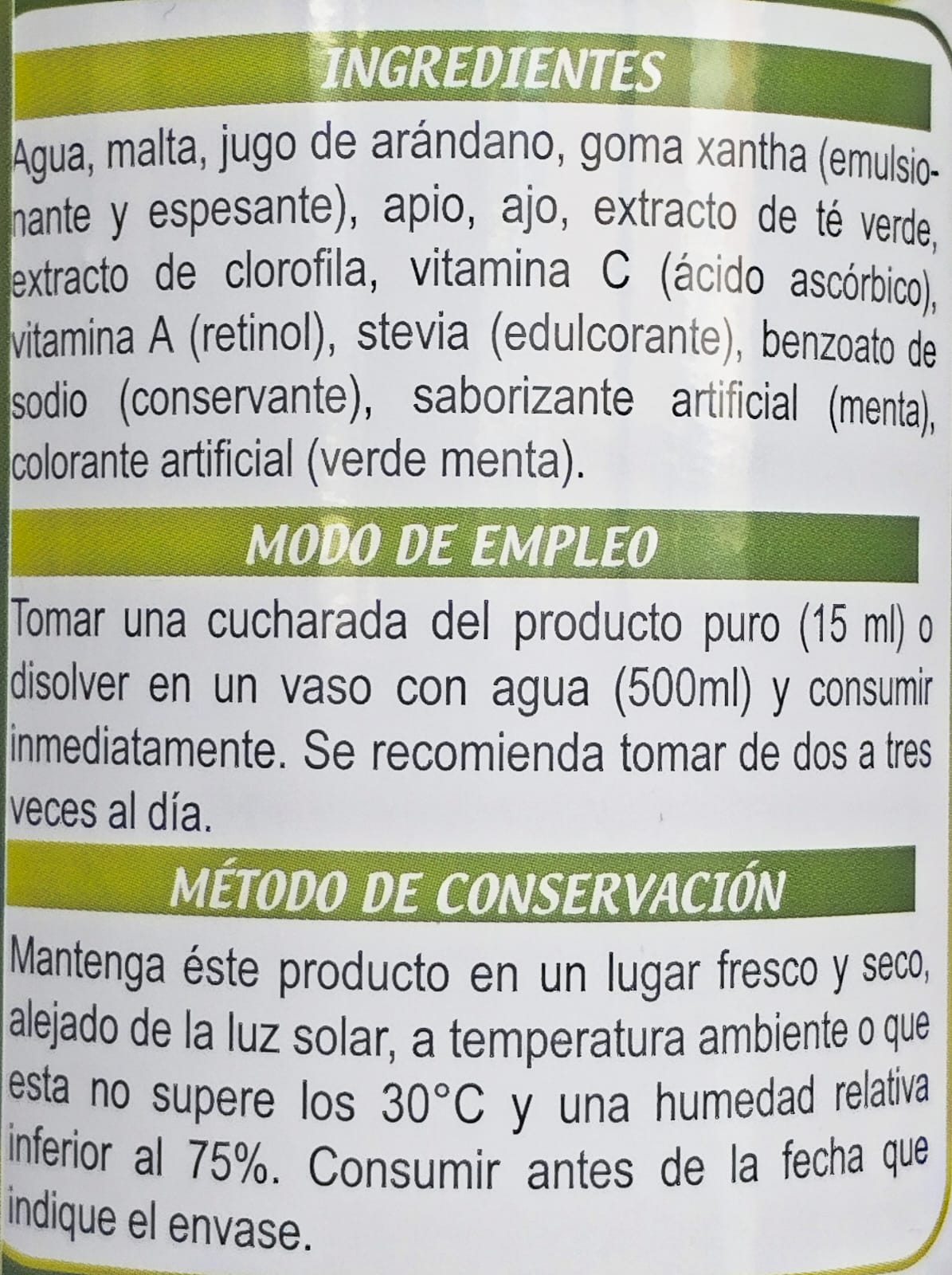 Clorofila Líquida + Té verde Ingredientes