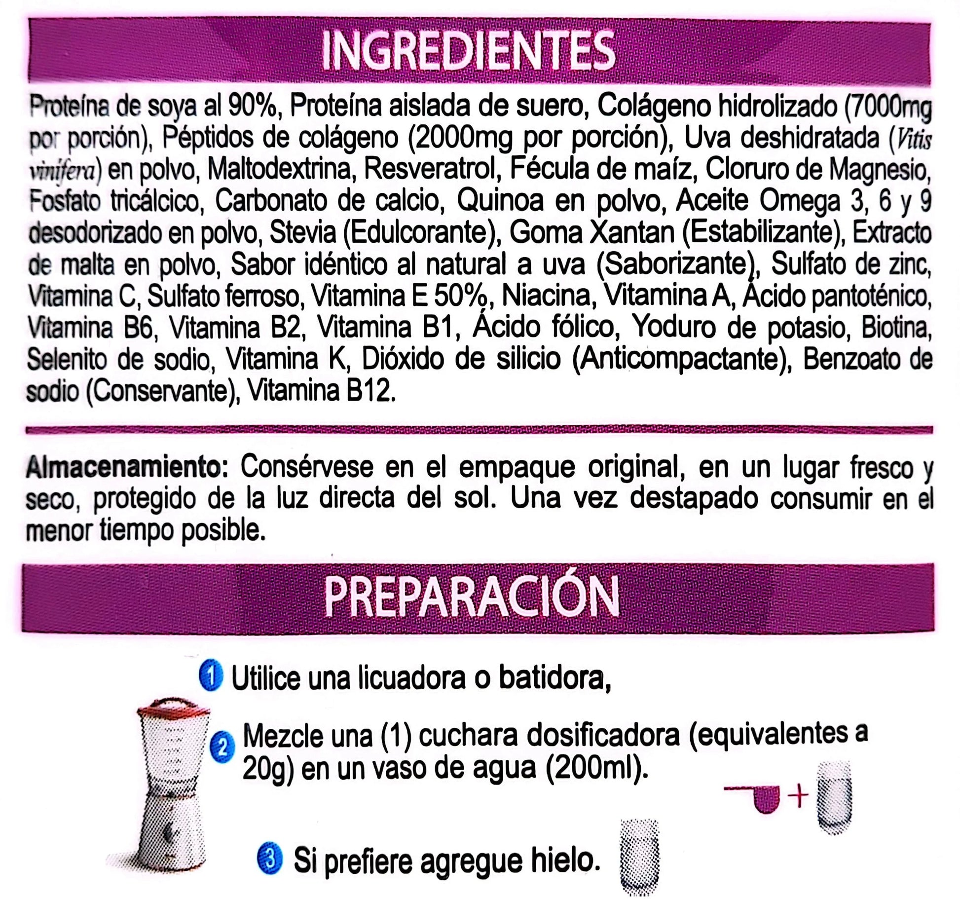 Etiqueta de ingredientes y preparación de suplemento con proteínas, colágeno, vitaminas y antioxidantes