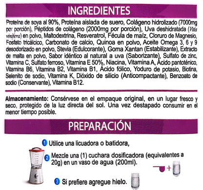 Etiqueta de ingredientes y preparación de suplemento con proteínas, colágeno, vitaminas y antioxidantes