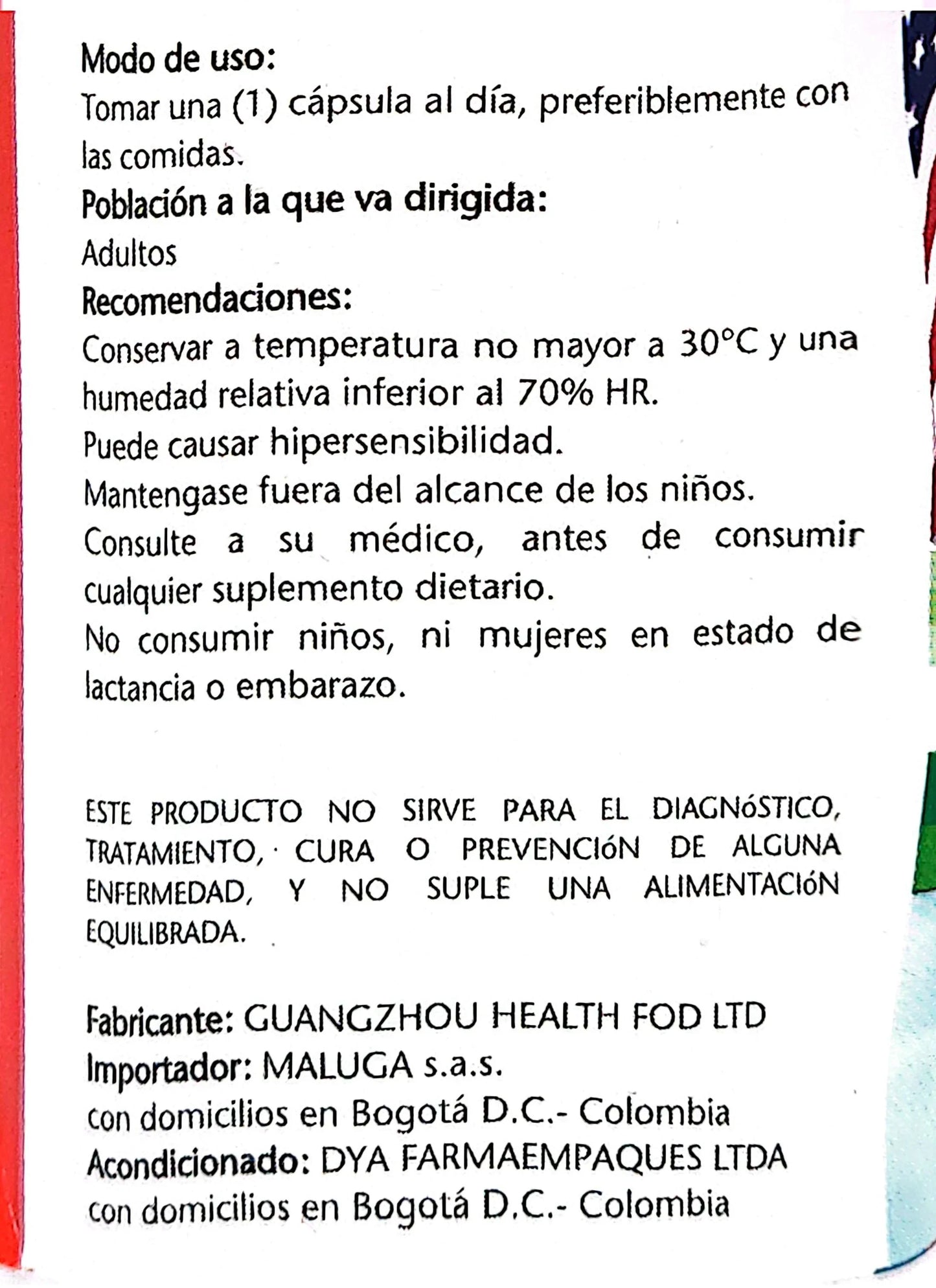 Instrucciones de uso y recomendaciones para suplemento dietario, advertencias y fabricantes en etiqueta
