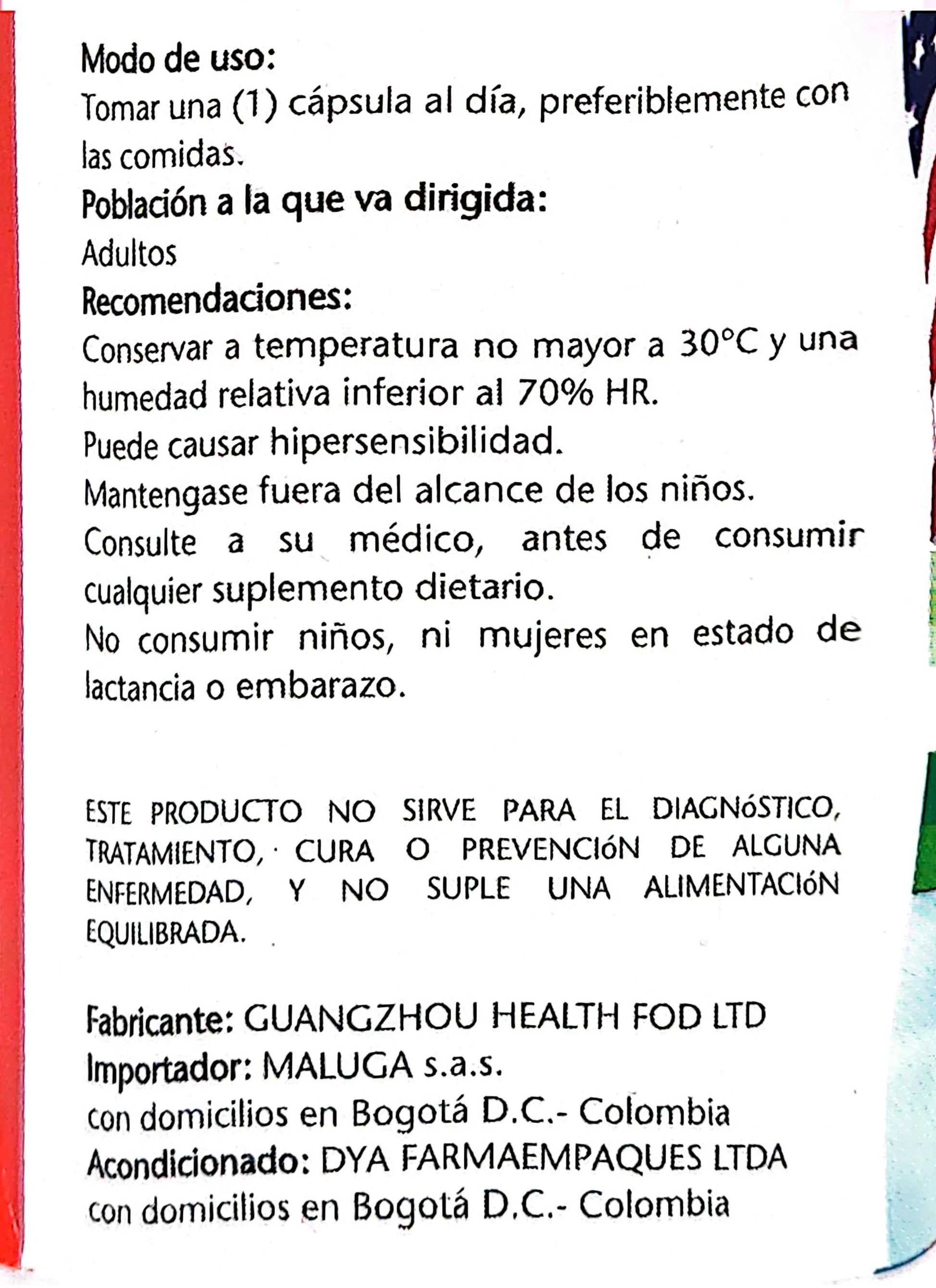 Instrucciones de uso y recomendaciones para suplemento dietario, advertencias y fabricantes en etiqueta