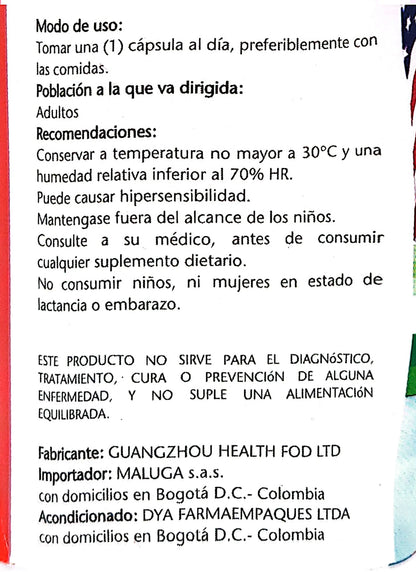 Instrucciones de uso y recomendaciones para suplemento dietario, advertencias y fabricantes en etiqueta