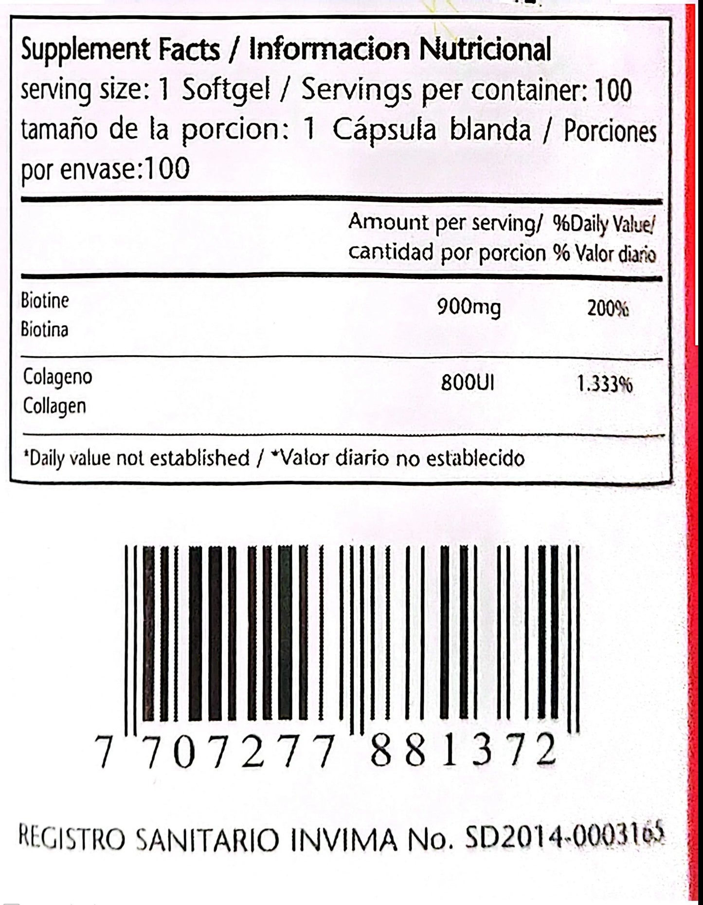 Etiqueta información nutricional biotina 900mg 200% y colágeno 800UI 1333% por cápsula blanda