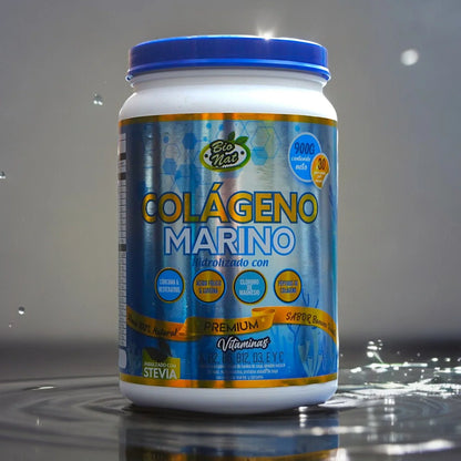 Envase de suplemento de colágeno marino hidrolizado premium con sabor a banana y vainilla