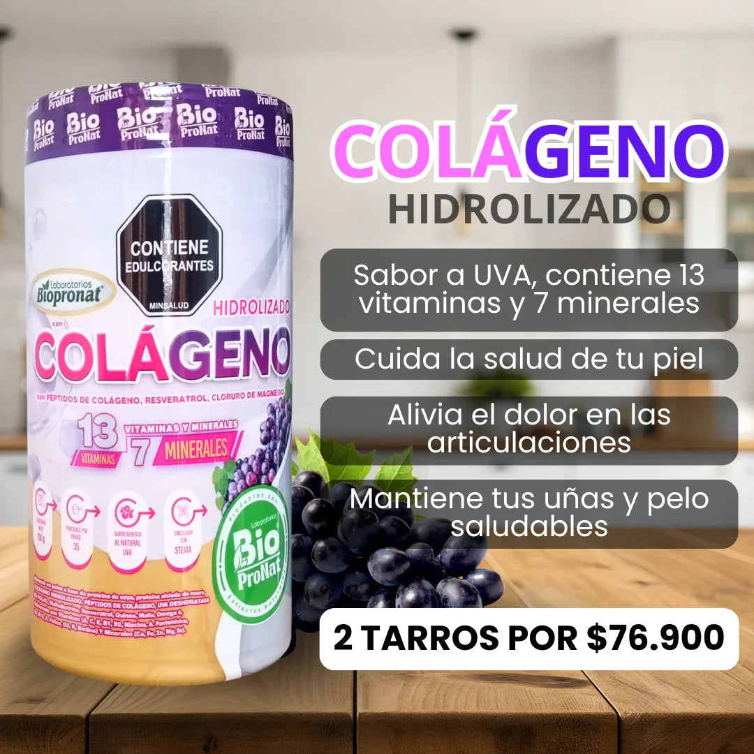 Colágeno hidrolizado sabor a uva con 13 vitaminas y 7 minerales para piel y articulaciones