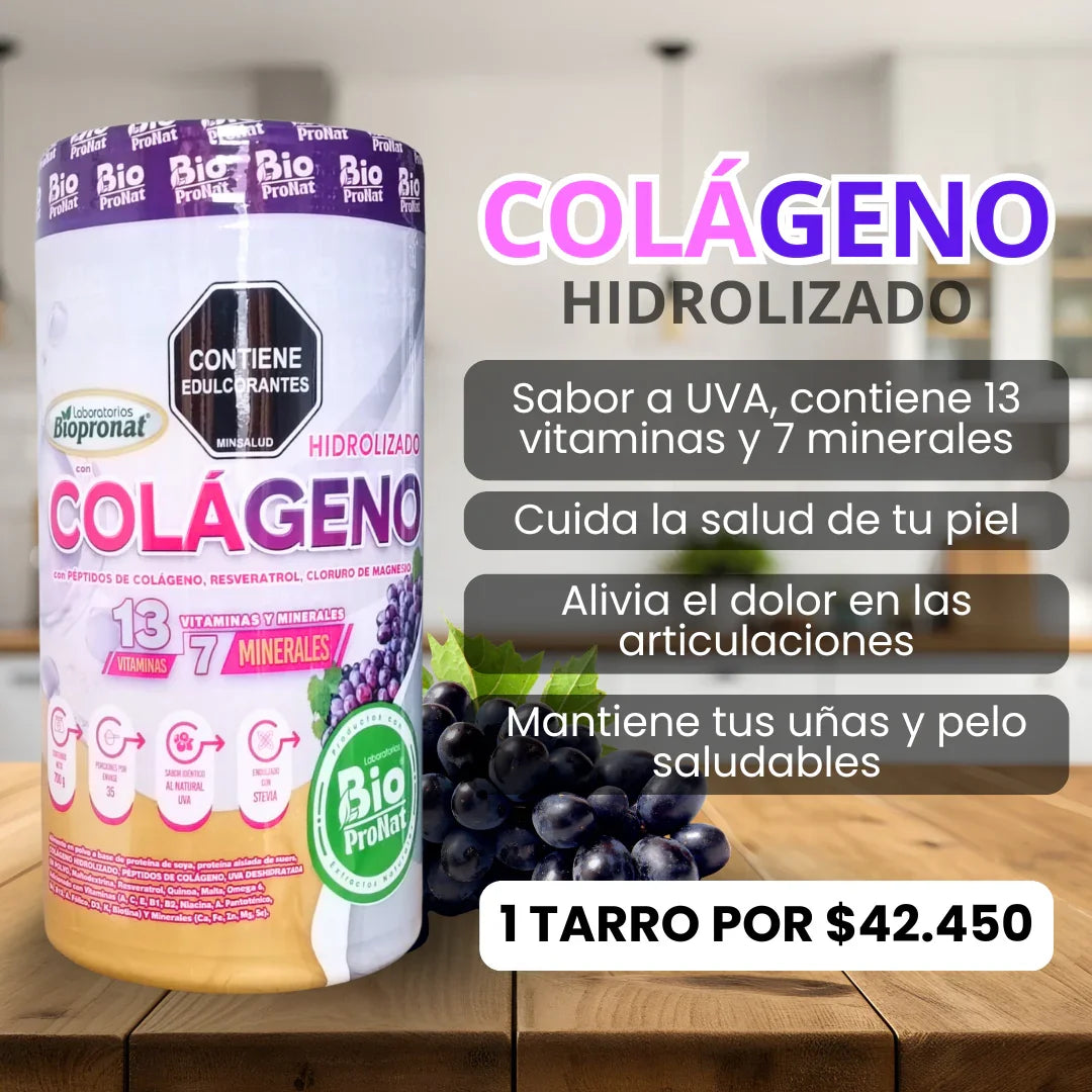Frasco de colágeno hidrolizado sabor uva con 13 vitaminas y 7 minerales para piel y articulaciones