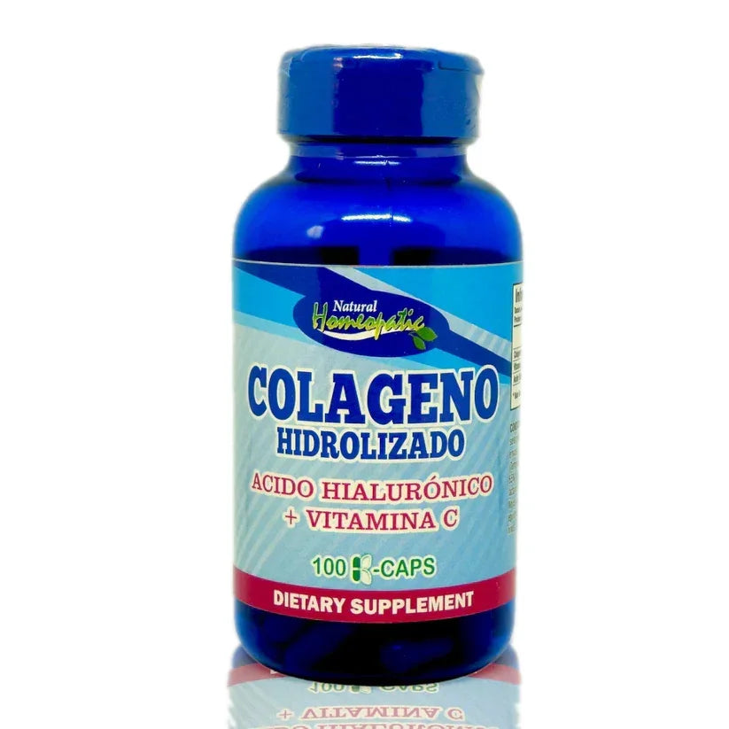 Botella azul de suplemento dietético colágeno hidrolizado con ácido hialurónico y vitamina C