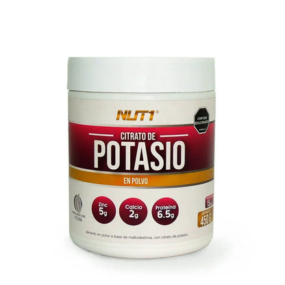 Frasco de Citrato de Potasio en polvo Nut1 con zinc, calcio y proteína, 450 gramos
