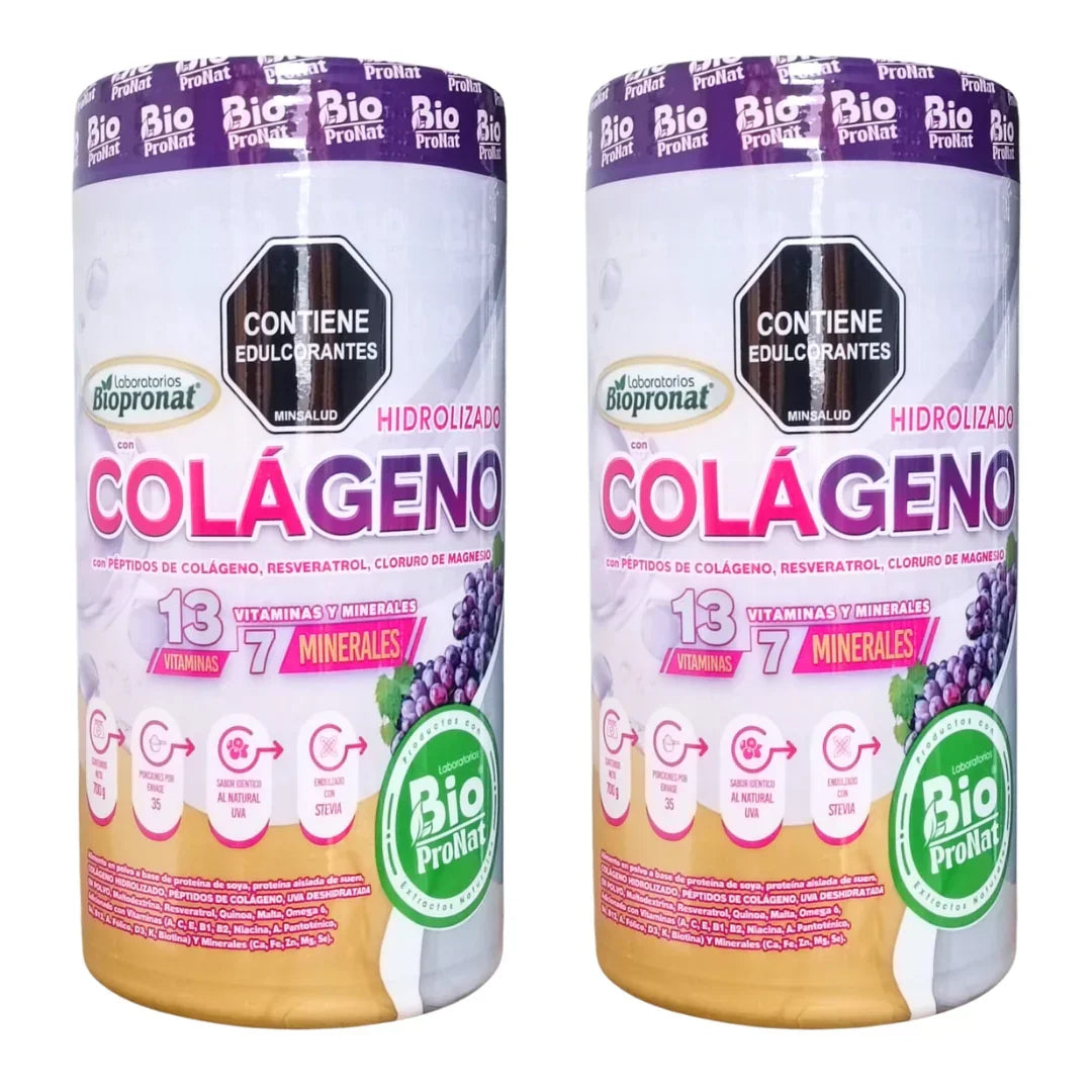 Dos frascos de colágeno hidrolizado Bio ProNat con 13 vitaminas y 7 minerales, sabor uva, endulzado con stevia