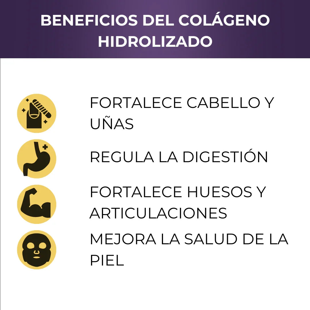 Beneficios del colágeno hidrolizado: fortalece cabello y uñas, regula digestión, fortalece huesos, mejora piel