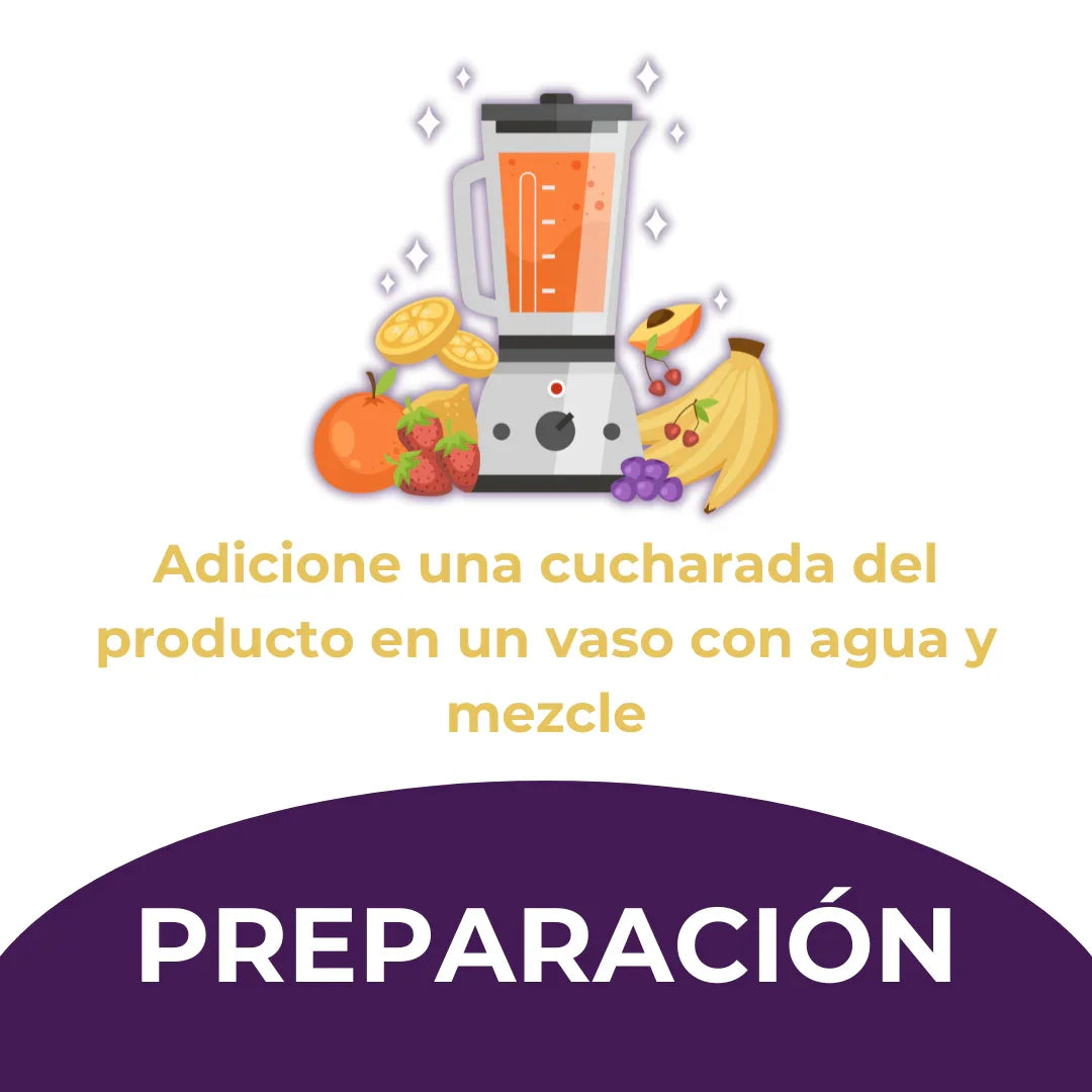 Licuadora con frutas frescas y texto de preparación para mezclar producto con agua