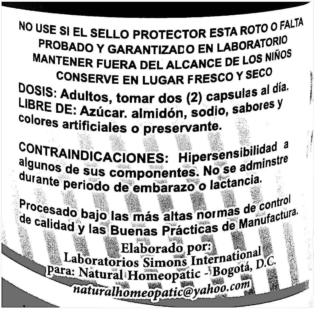 Etiqueta de suplemento homeopático con instrucciones, contraindicaciones y datos del fabricante en Bogotá
