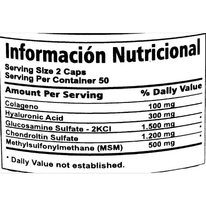 Etiqueta de información nutricional de suplemento con colágeno, ácido hialurónico y sulfatos