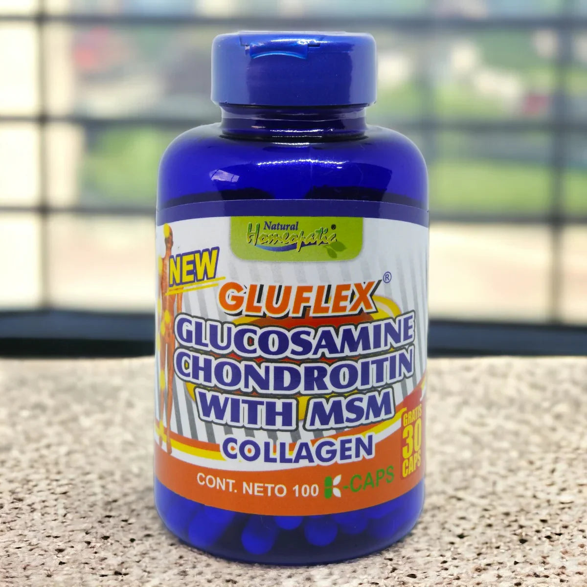 Botella azul de suplemento Gluflex con glucosamina, condroitina, MSM y colágeno para articulaciones