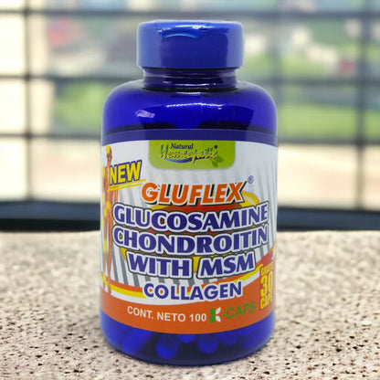 Botella azul de suplemento Gluflex con glucosamina, condroitina, MSM y colágeno para articulaciones