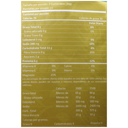 Tabla nutricional en español con datos sobre calorías, grasa, sodio, carbohidratos, proteína y minerales