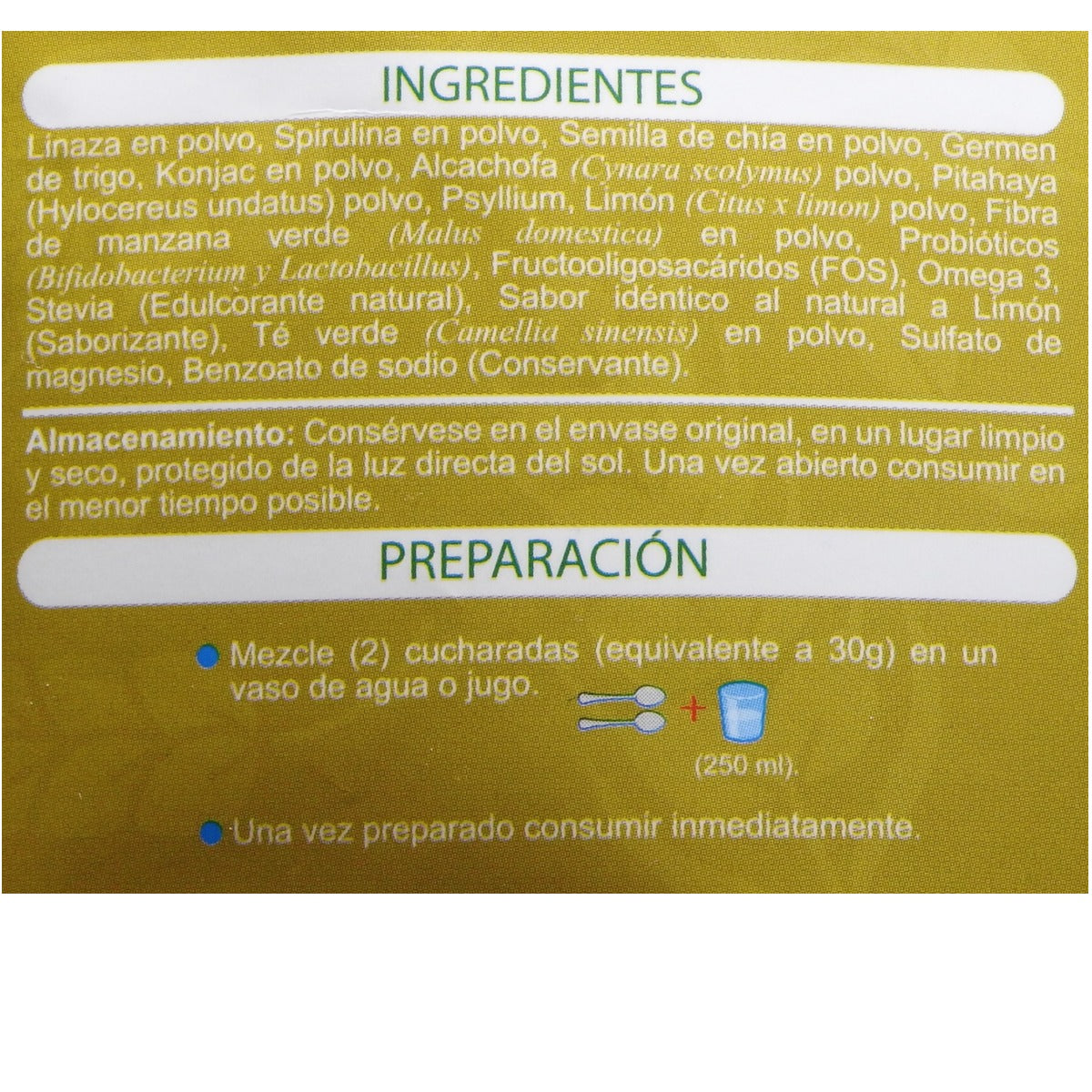 Etiqueta con ingredientes naturales y preparación de suplemento en polvo con semillas, spirulina y fibra
