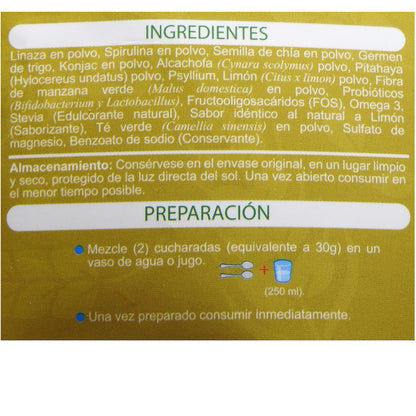 Etiqueta con ingredientes naturales y preparación de suplemento en polvo con semillas, spirulina y fibra