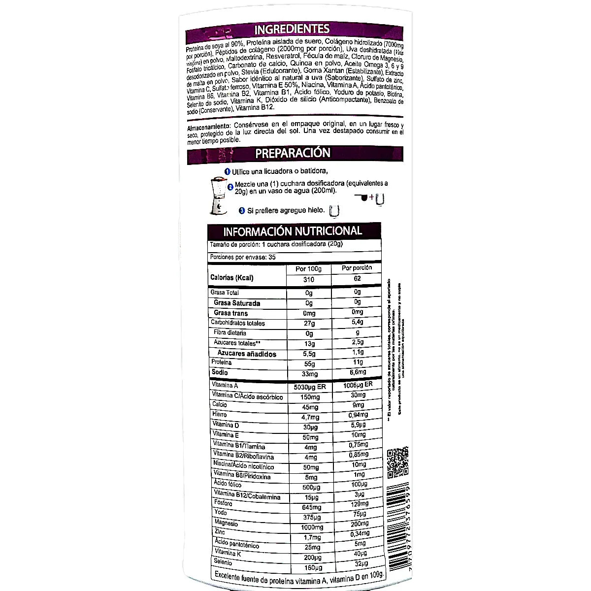 Etiqueta de suplemento con ingredientes, preparación y tabla nutricional en español
