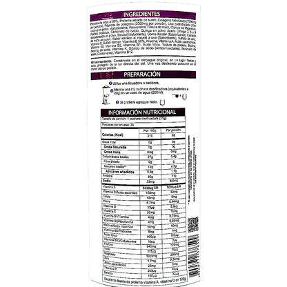 Etiqueta de suplemento con ingredientes, preparación y tabla nutricional en español