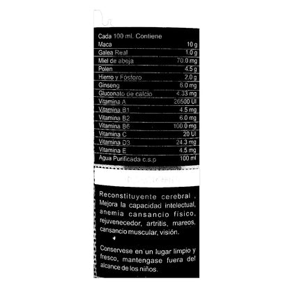 Etiqueta de suplemento con ingredientes y beneficios para mejora cerebral y físico