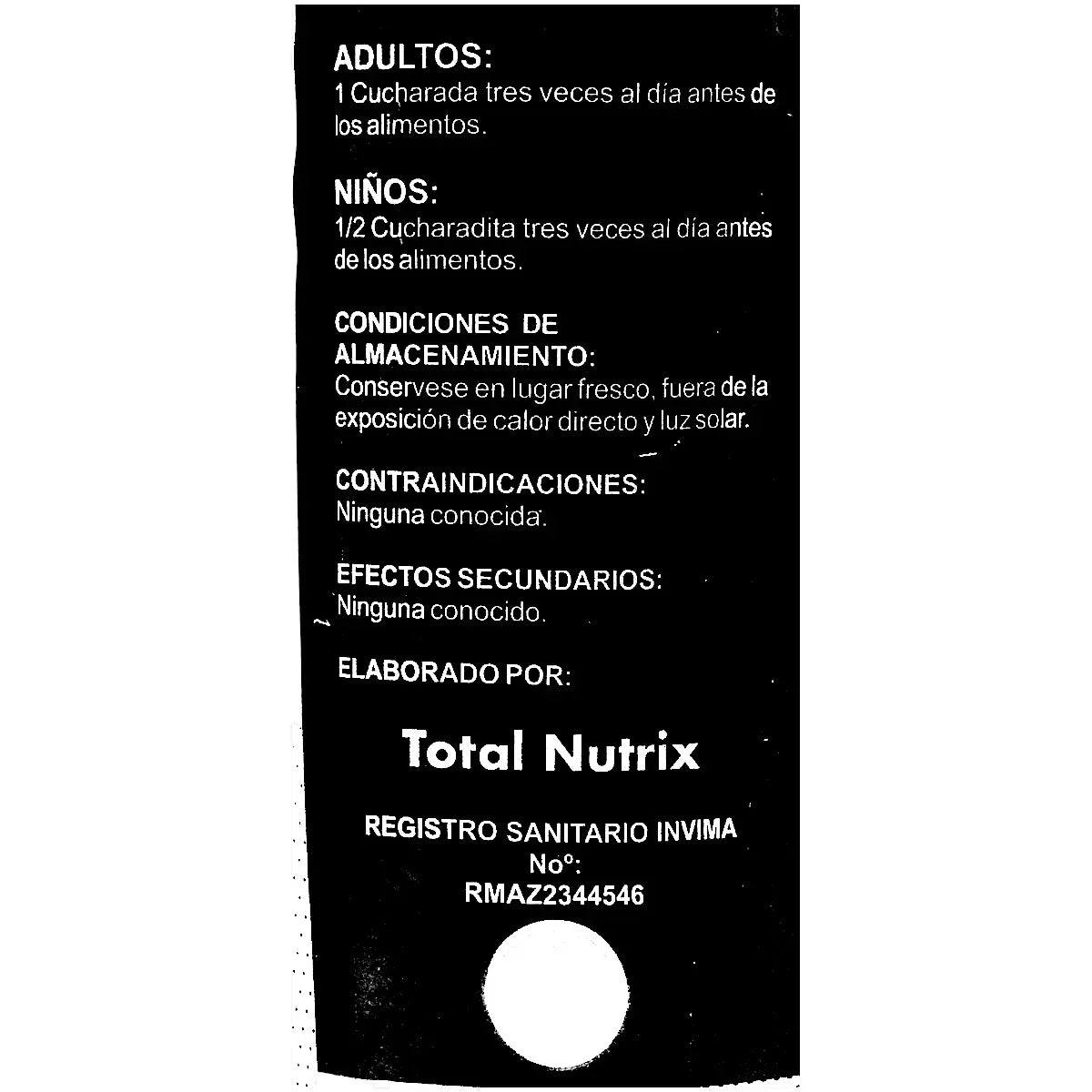 Indicaciones de dosificación y almacenamiento de producto Total Nutrix con registro INVIMA