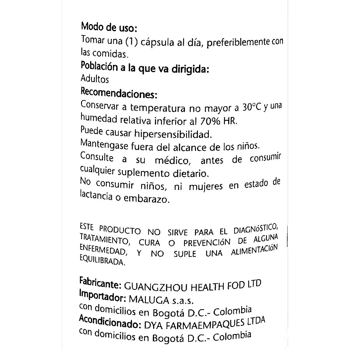 Instrucciones de uso y advertencias de suplemento dietario para adultos con datos del fabricante e importador en Bogotá