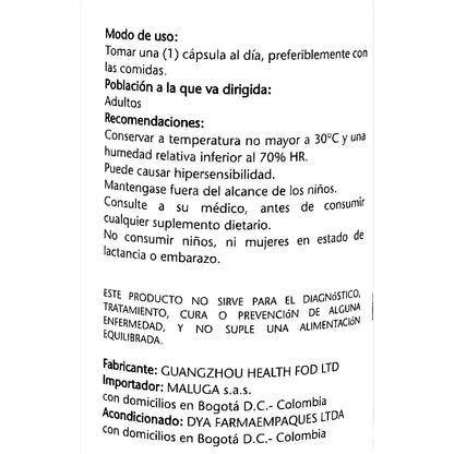 Instrucciones de uso y advertencias de suplemento dietario para adultos con datos del fabricante e importador en Bogotá