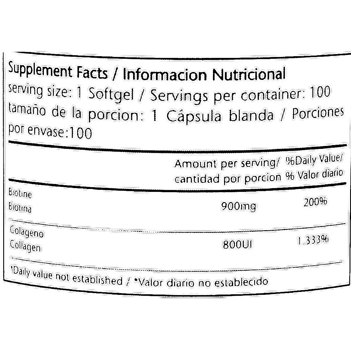 Etiqueta nutricional de suplemento con biotina 900 mg y colágeno 800 UI por cápsula blanda