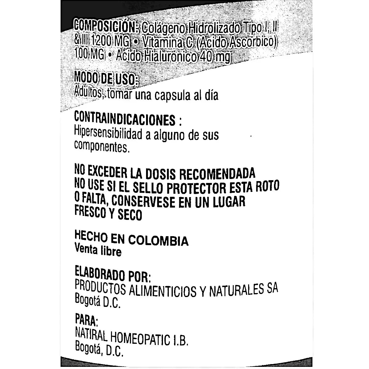Etiqueta de suplemento con composición: colágeno hidrolizado, vitamina C, ácido hialurónico, uso y contraindicaciones