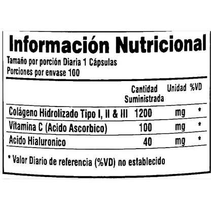 Etiqueta de información nutricional con colágeno hidrolizado, vitamina C y ácido hialurónico