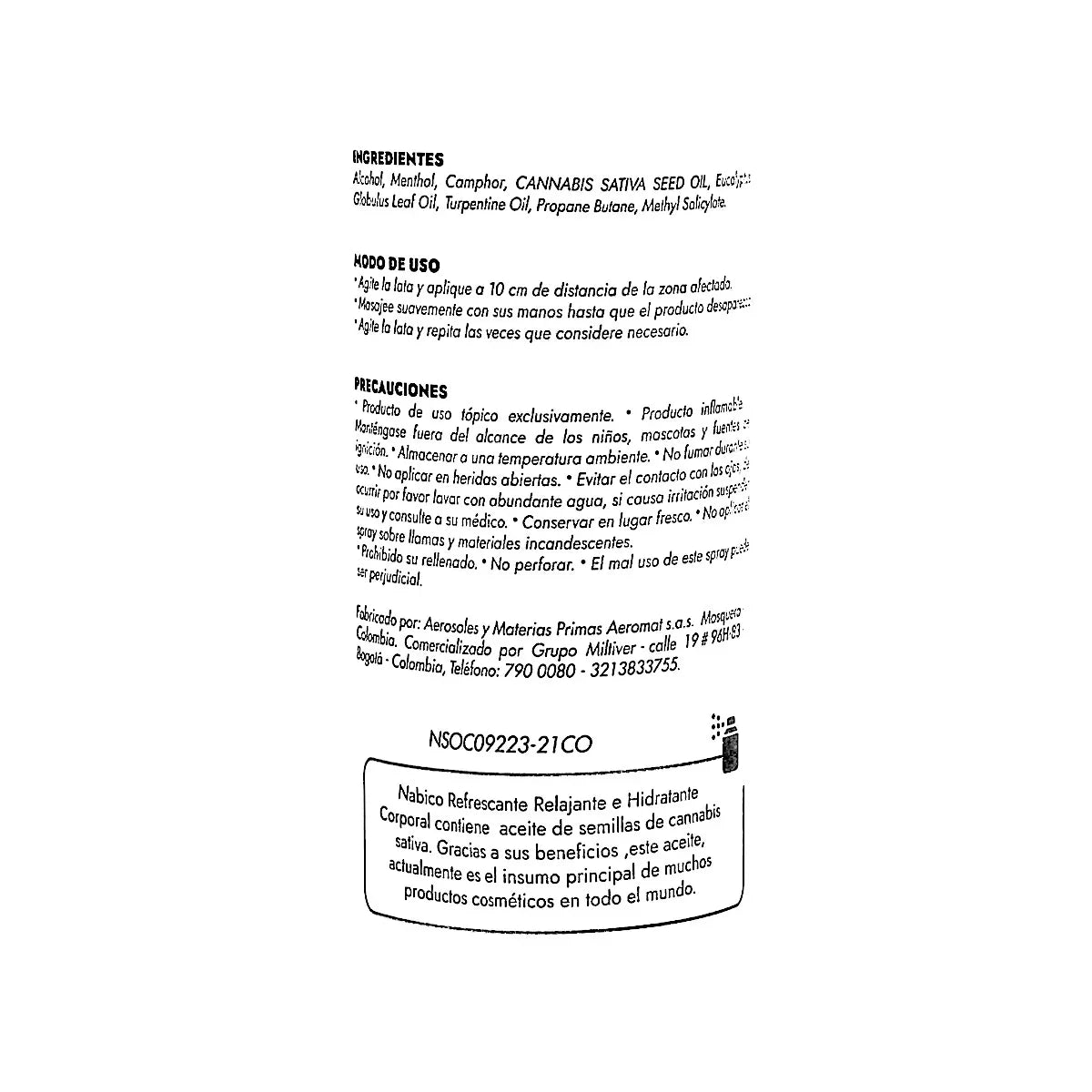 Etiqueta de producto cosmético con ingredientes, modo de uso y precauciones en español, incluye aceite de semillas de cannabis sativa