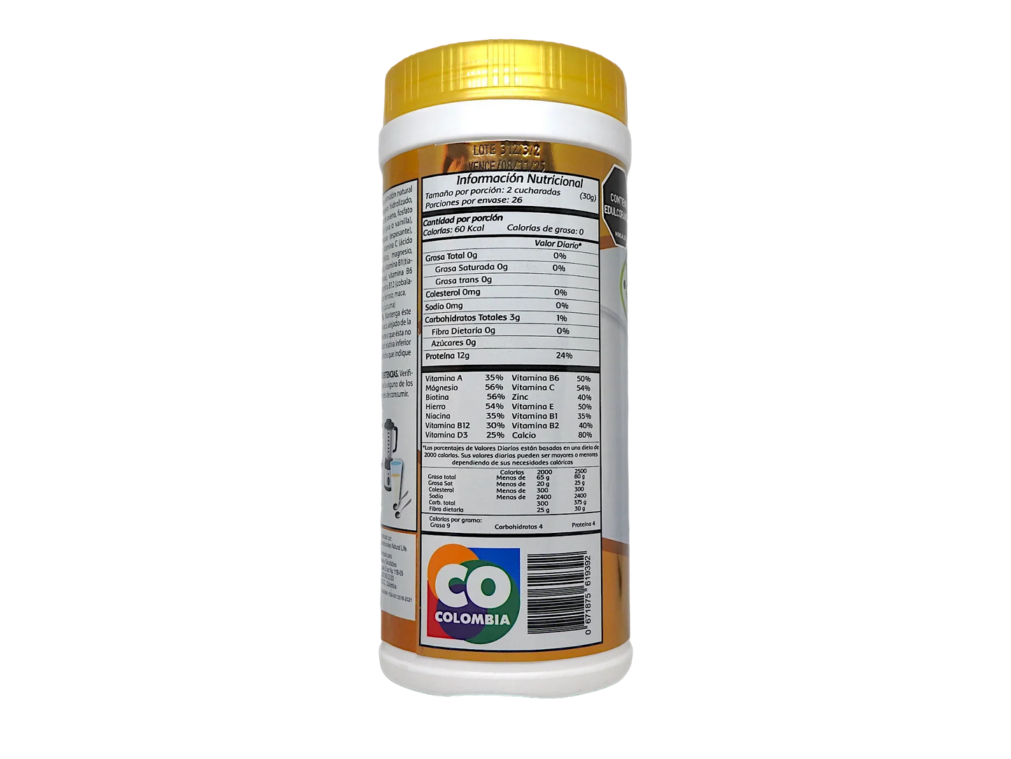 Envase de suplemento nutricional con información nutricional detallada y etiqueta CO Colombia