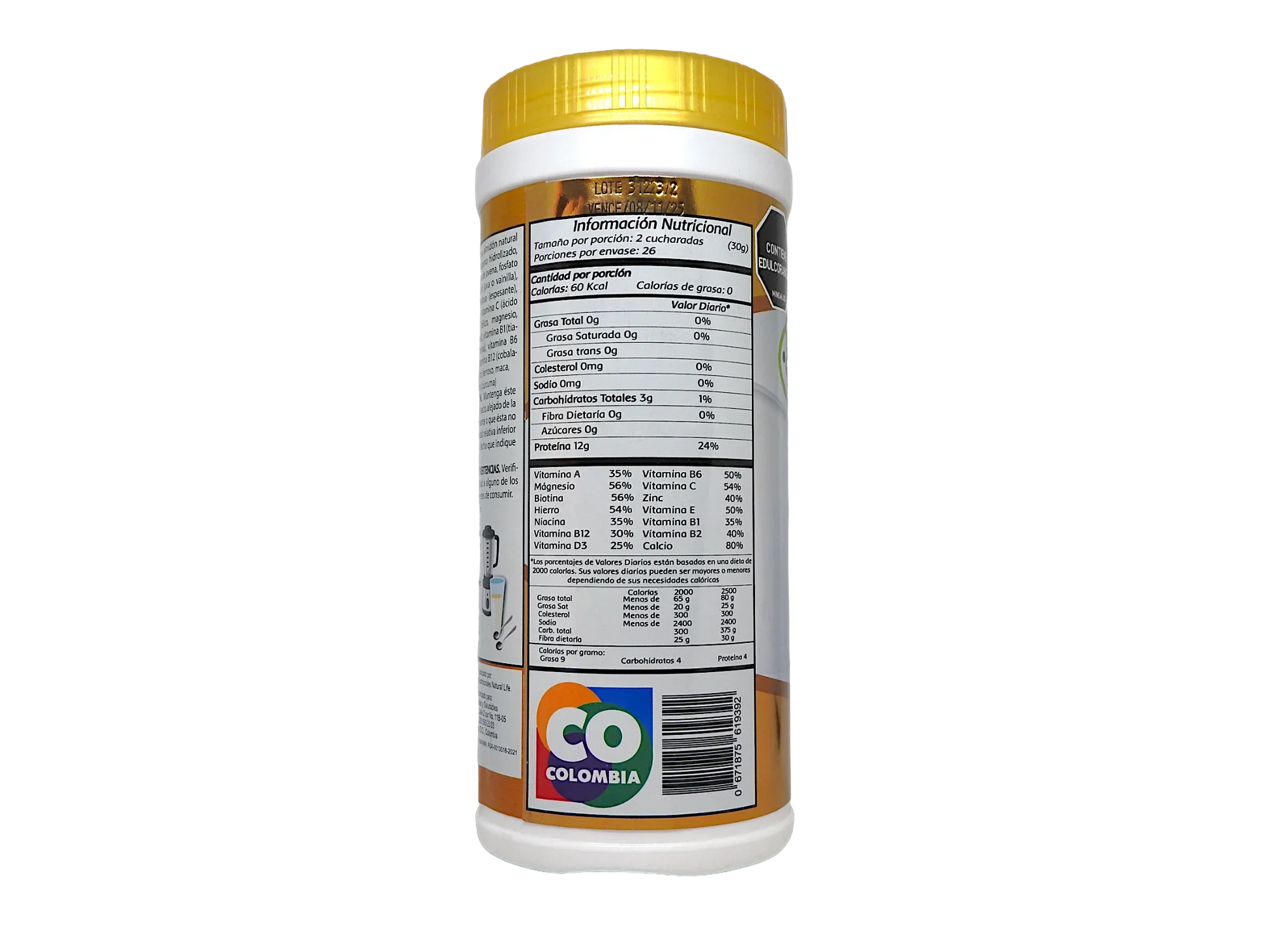 Envase de suplemento nutricional con información nutricional detallada y etiqueta CO Colombia