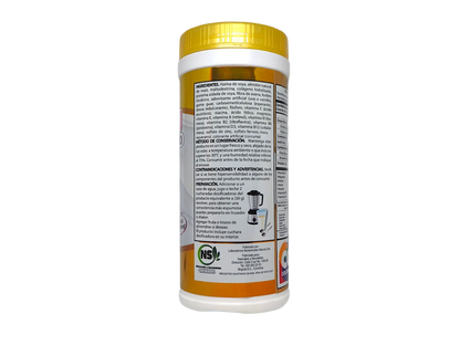 Envase de suplemento nutricional con ingredientes y métodos de conservación en etiqueta detallada