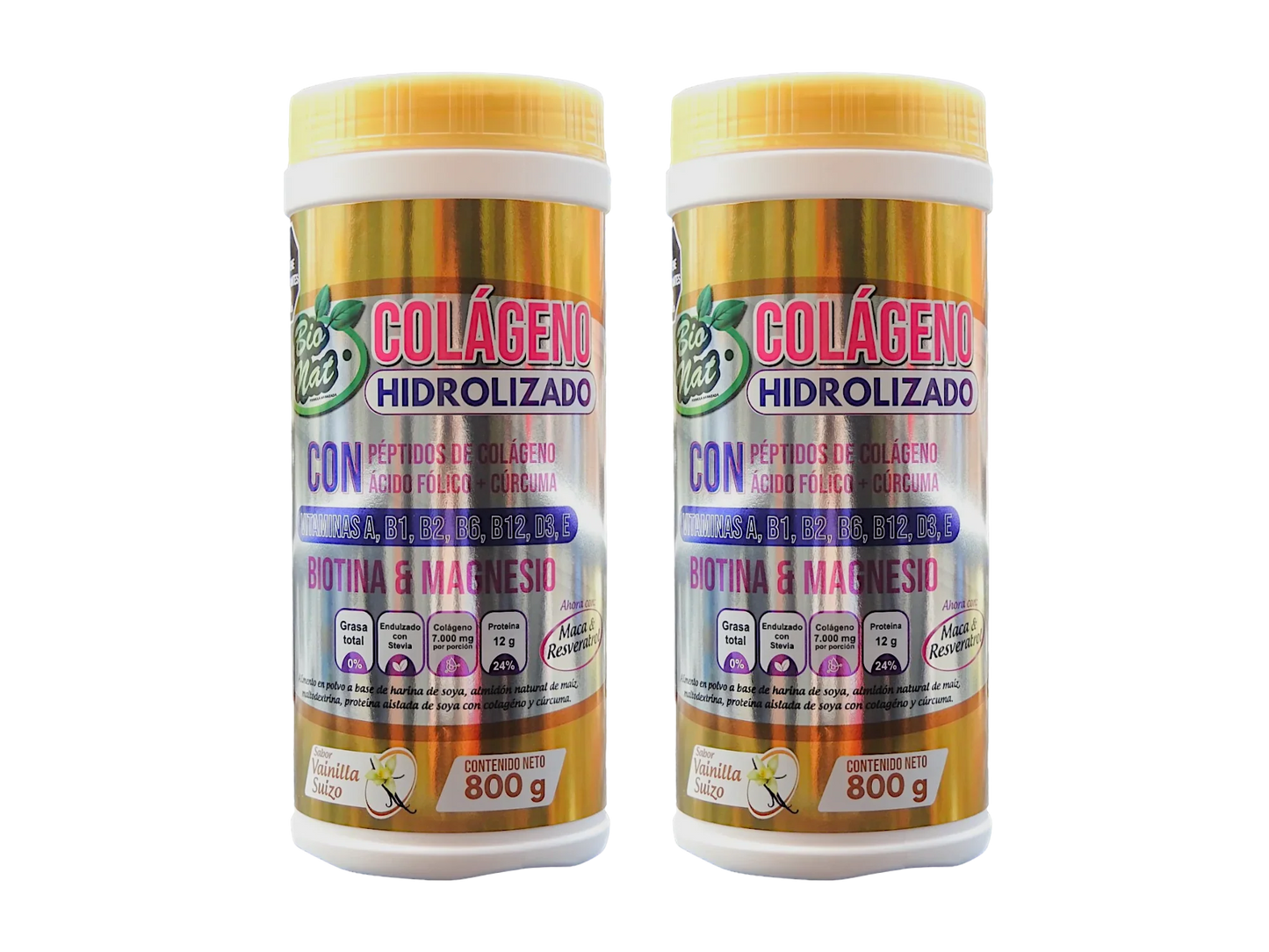 Envases de colágeno hidrolizado Bio Nat con biotina, magnesio, cúrcuma y sabor vainilla suizo, 800 g