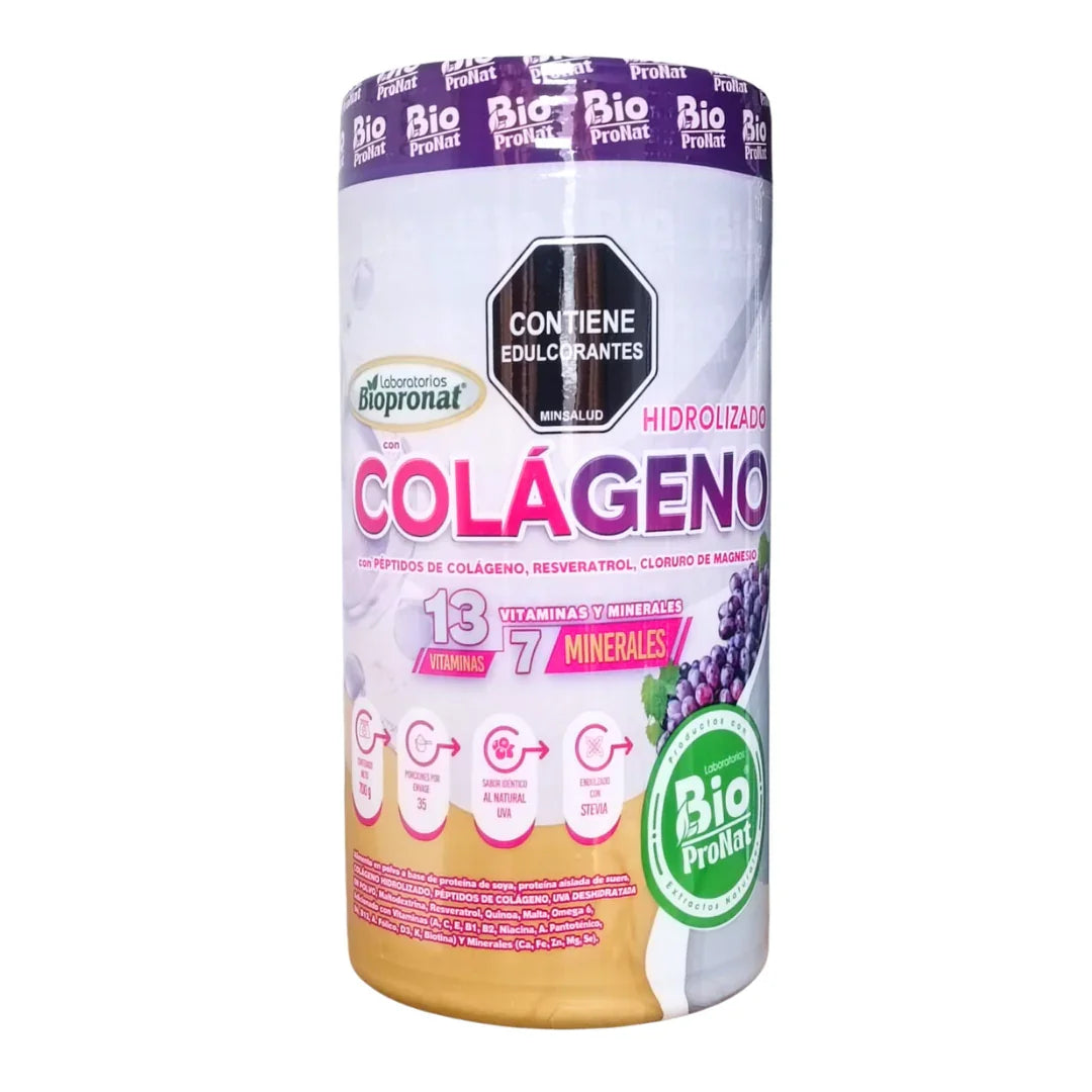 Suplemento hidrolizado con colágeno Bio ProNat con 13 vitaminas y 7 minerales, sabor uva natural