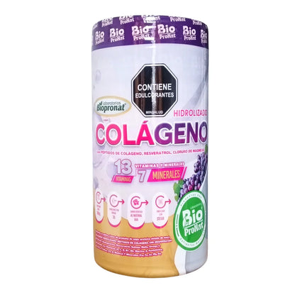 Suplemento hidrolizado con colágeno Bio ProNat con 13 vitaminas y 7 minerales, sabor uva natural