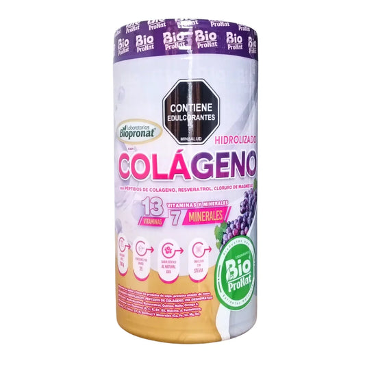 Suplemento hidrolizado con colágeno Bio ProNat con 13 vitaminas y 7 minerales, sabor uva natural