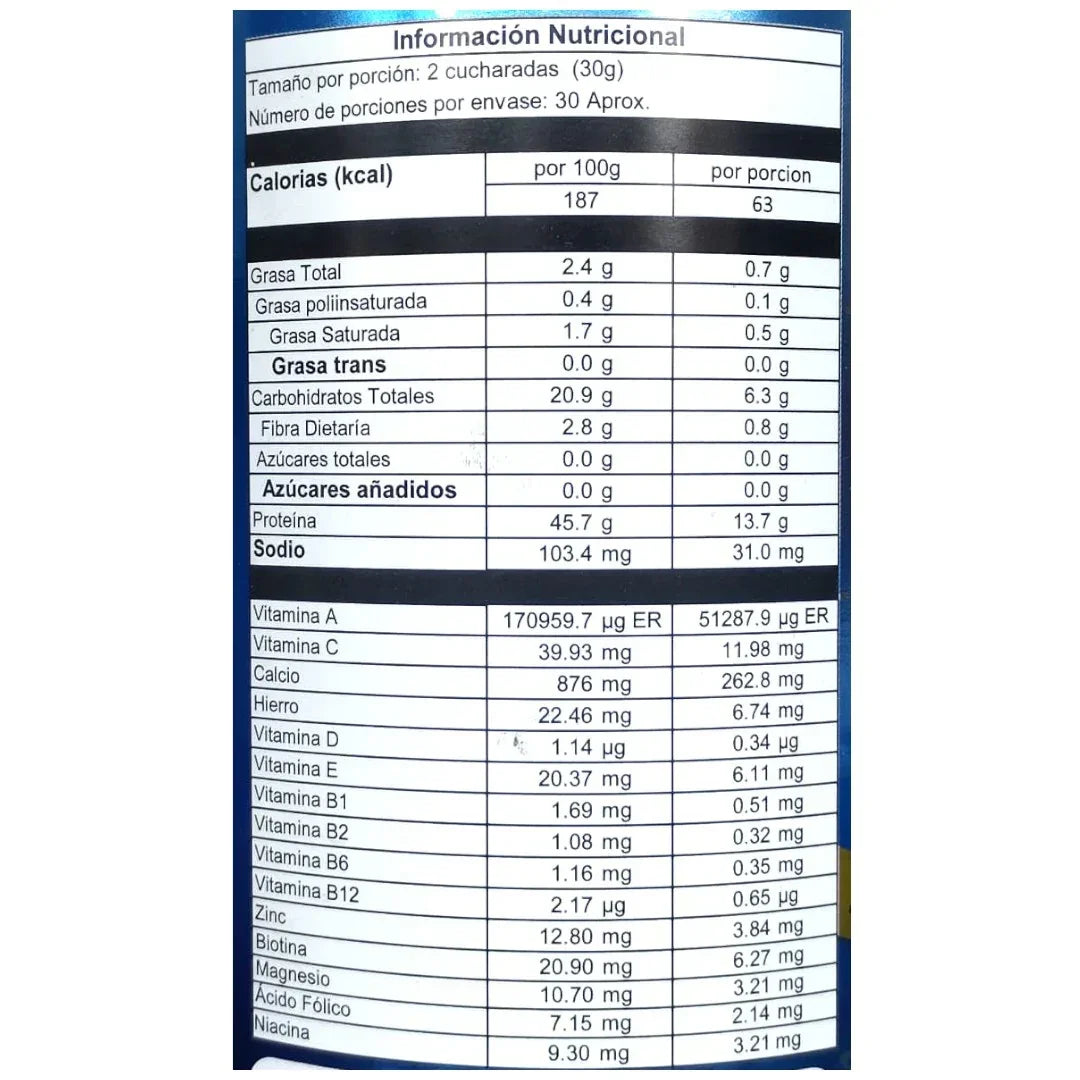 Etiqueta de información nutricional con valores de calorías, grasas, proteínas, vitaminas y minerales por porción y por 100g