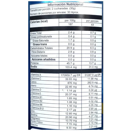 Etiqueta de información nutricional con valores de calorías, grasas, proteínas, vitaminas y minerales por porción y por 100g